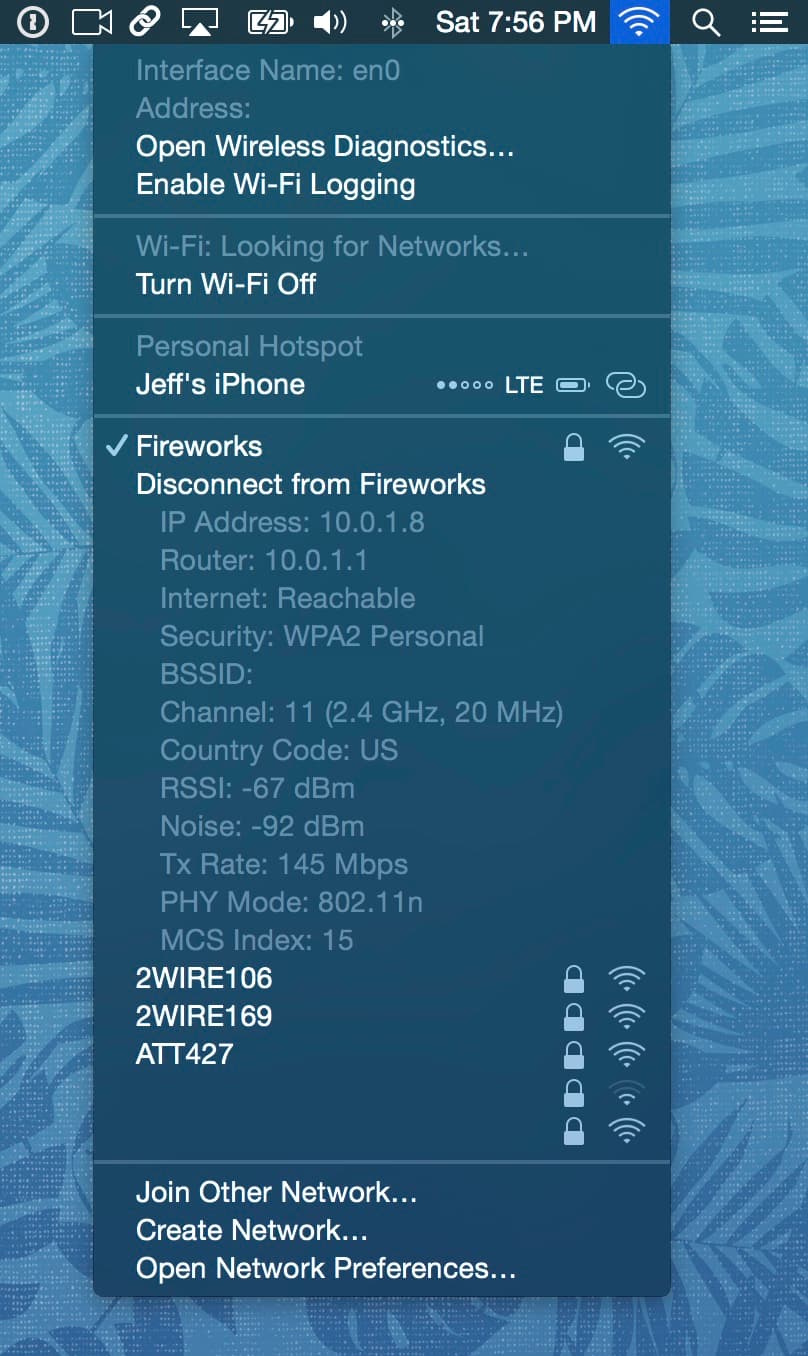 Option 키를 누른 상태에서 메뉴 막대에서 Wi-Fi 아이콘을 클릭하여 Mac의 Wi-Fi IP 주소를 확인합니다.