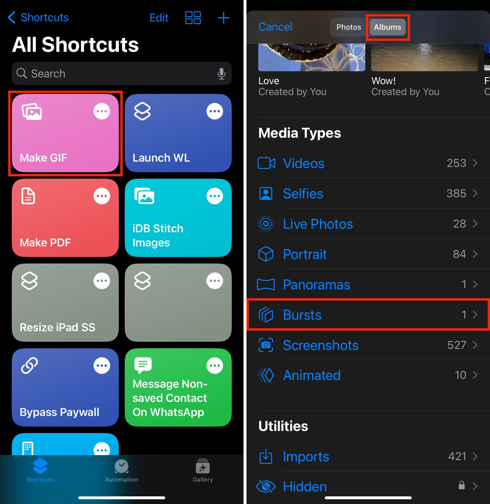 Tap Make GIF shortcut and pick bursts photos on iPhone