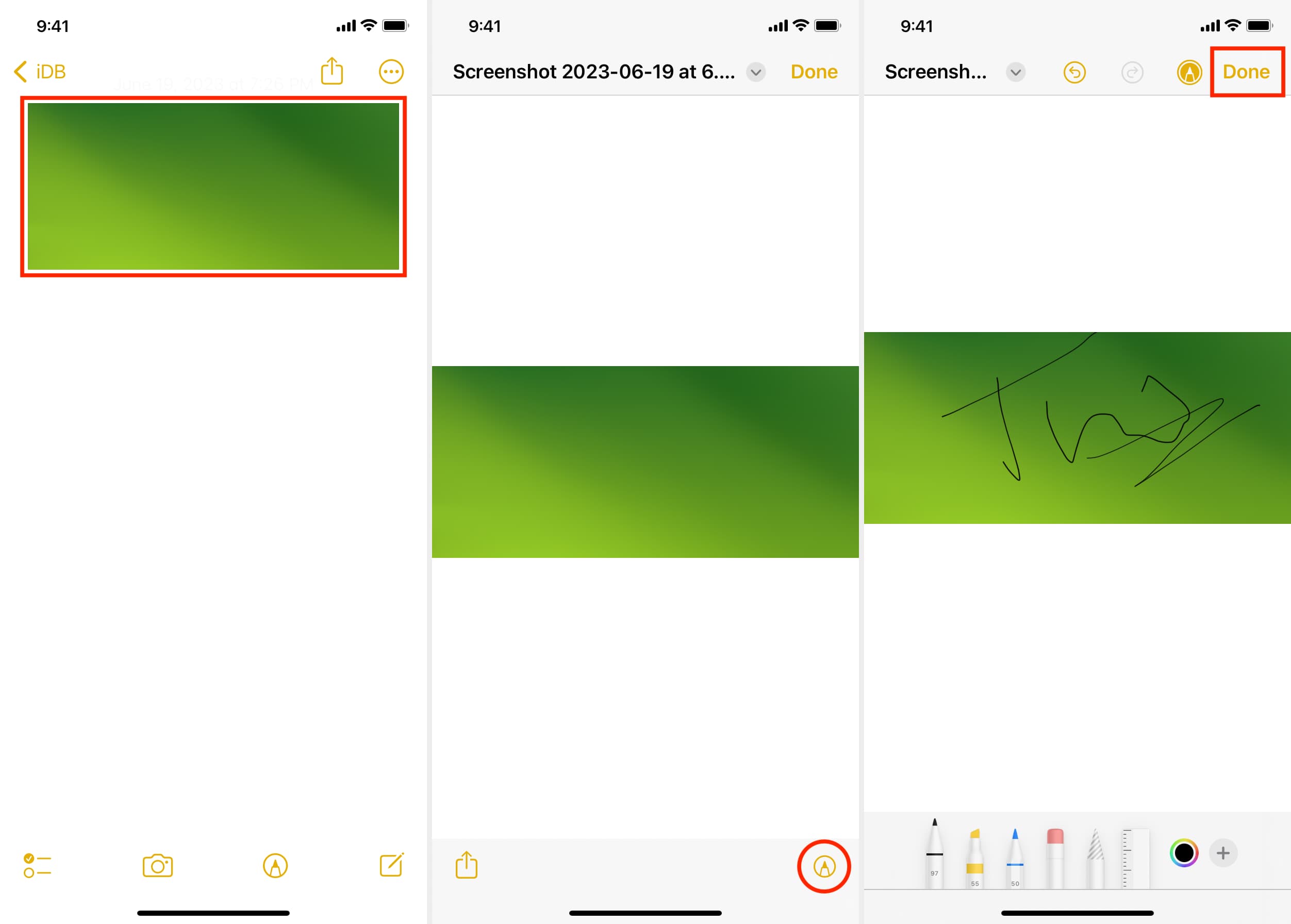 Markup image in Notes app on iPhone