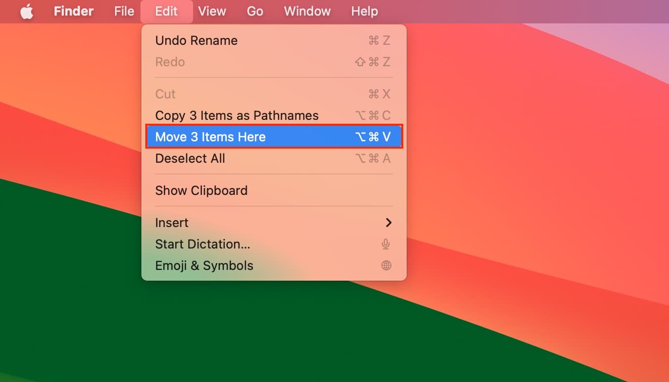 Move Items Here in Mac menu bar to cut it from original spot and paste it to the new location