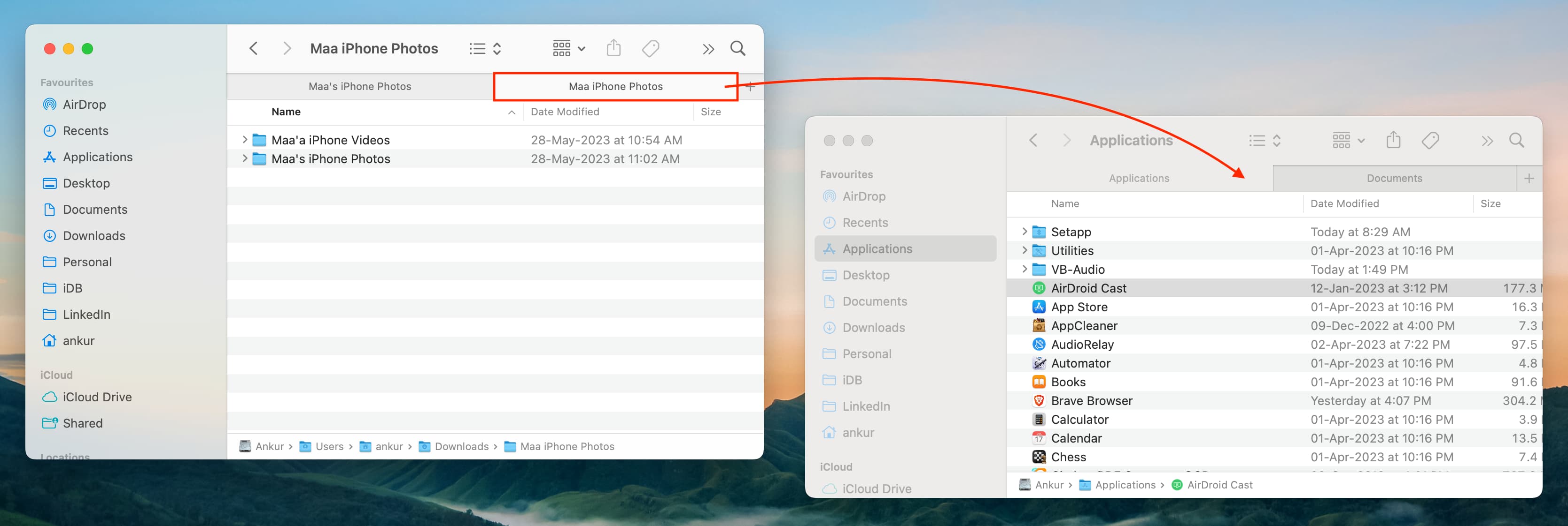Move a Finder tab to another window on Mac