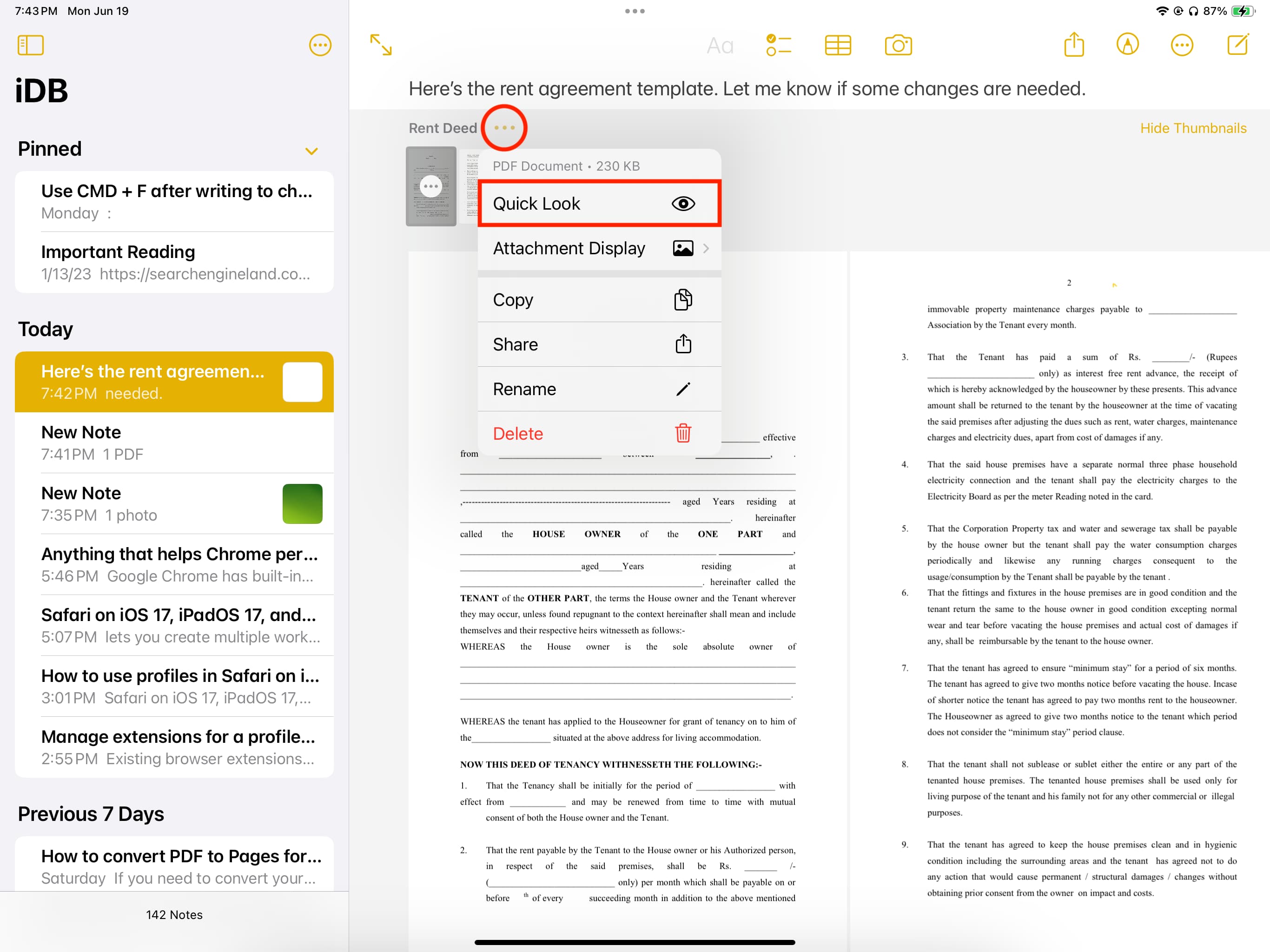 Quick Look for PDF in Notes app on iPad