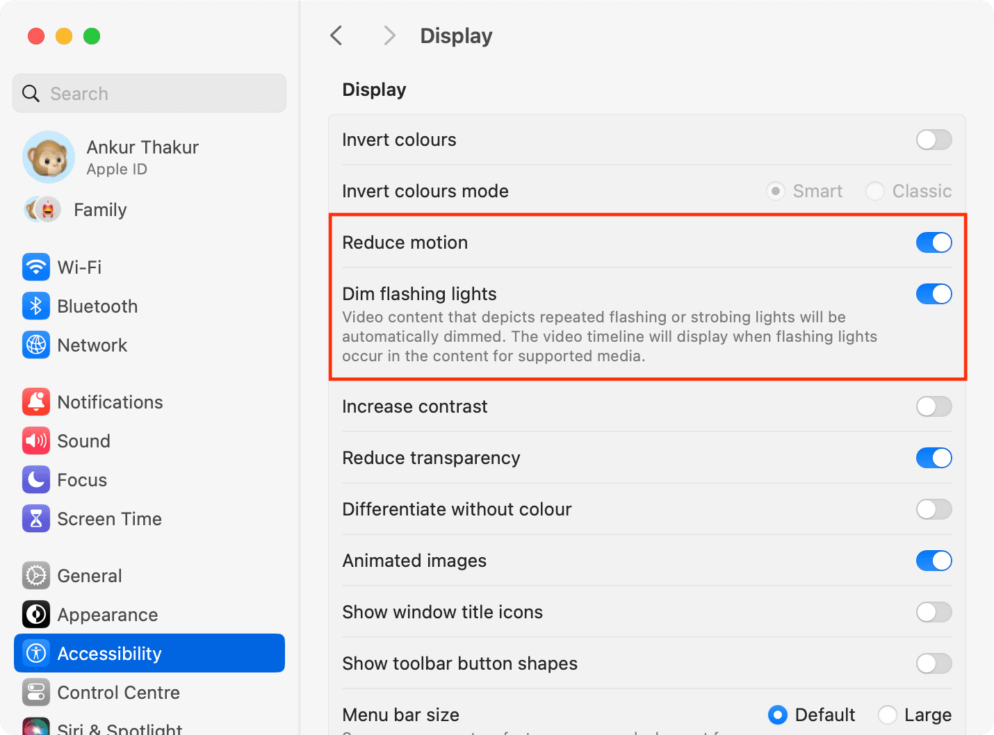 Reduce motion and Dim flashing lights in Mac accessibility settings