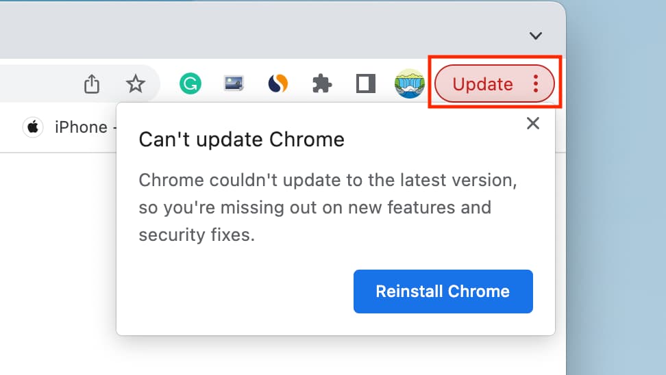 Reinstall Chrome under the Update option in Chrome on Mac