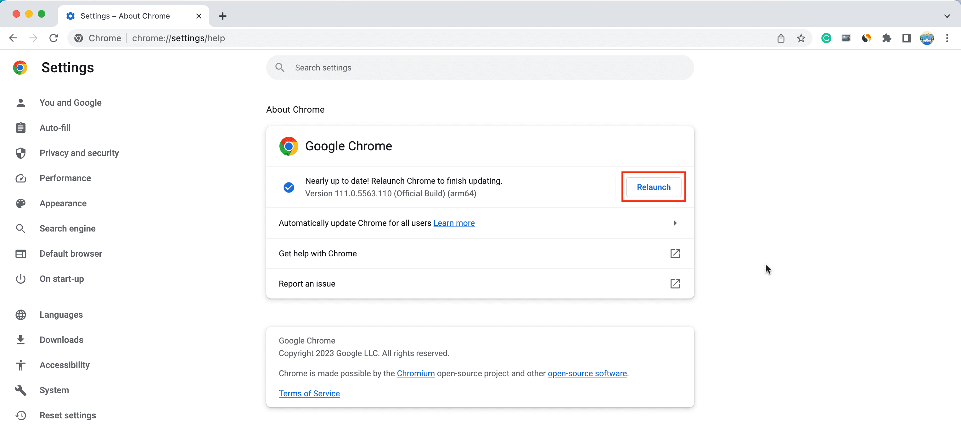 Relaunch Chrome on Mac to finish updating it
