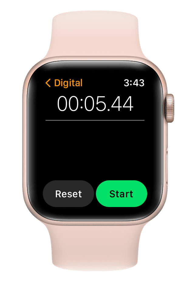 Reset and Start buttons in Stopwatch app on Apple Watch