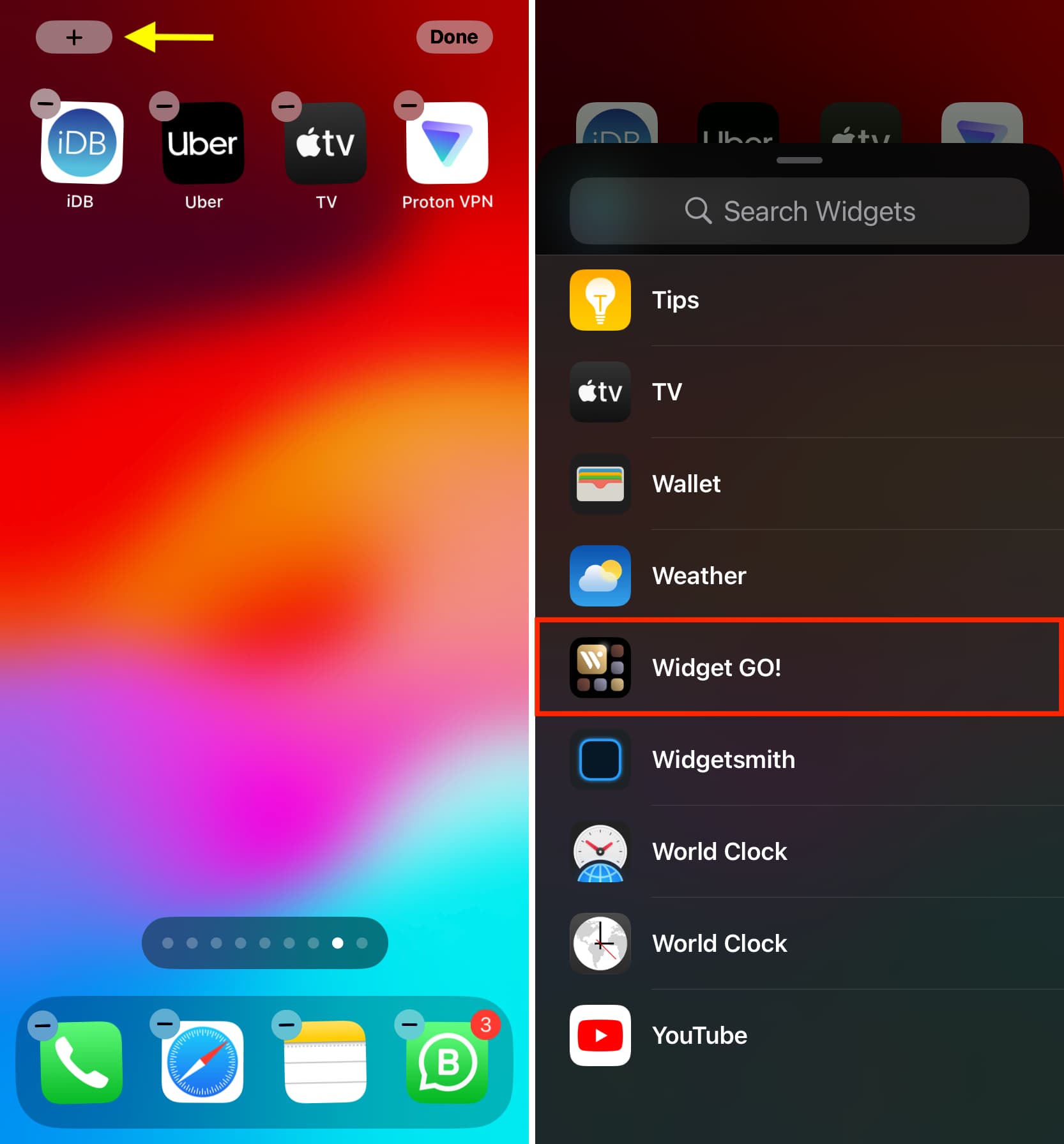 Select Widgets GO on Home Screen widget editing screen on iPhone