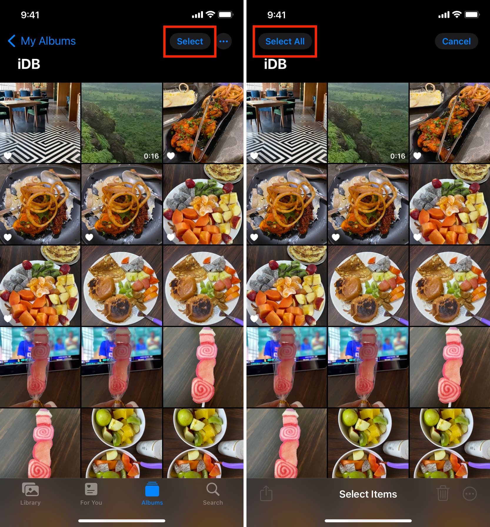 Select all photos of an album on iPhone
