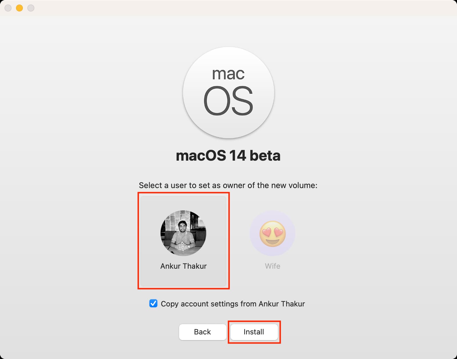 Select an existing user for macOS Sonoma installation on a different partition