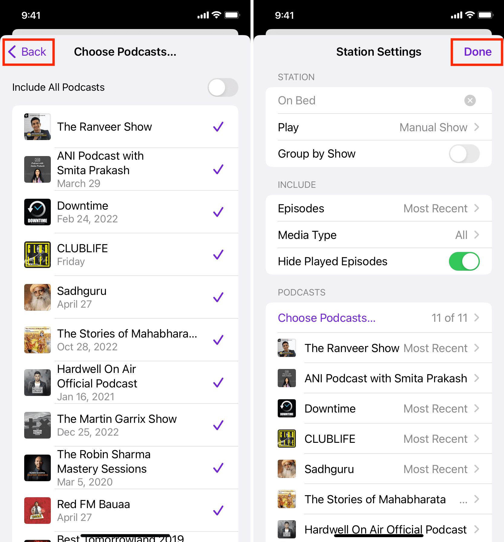 Select podcasts to add to station on iPhone