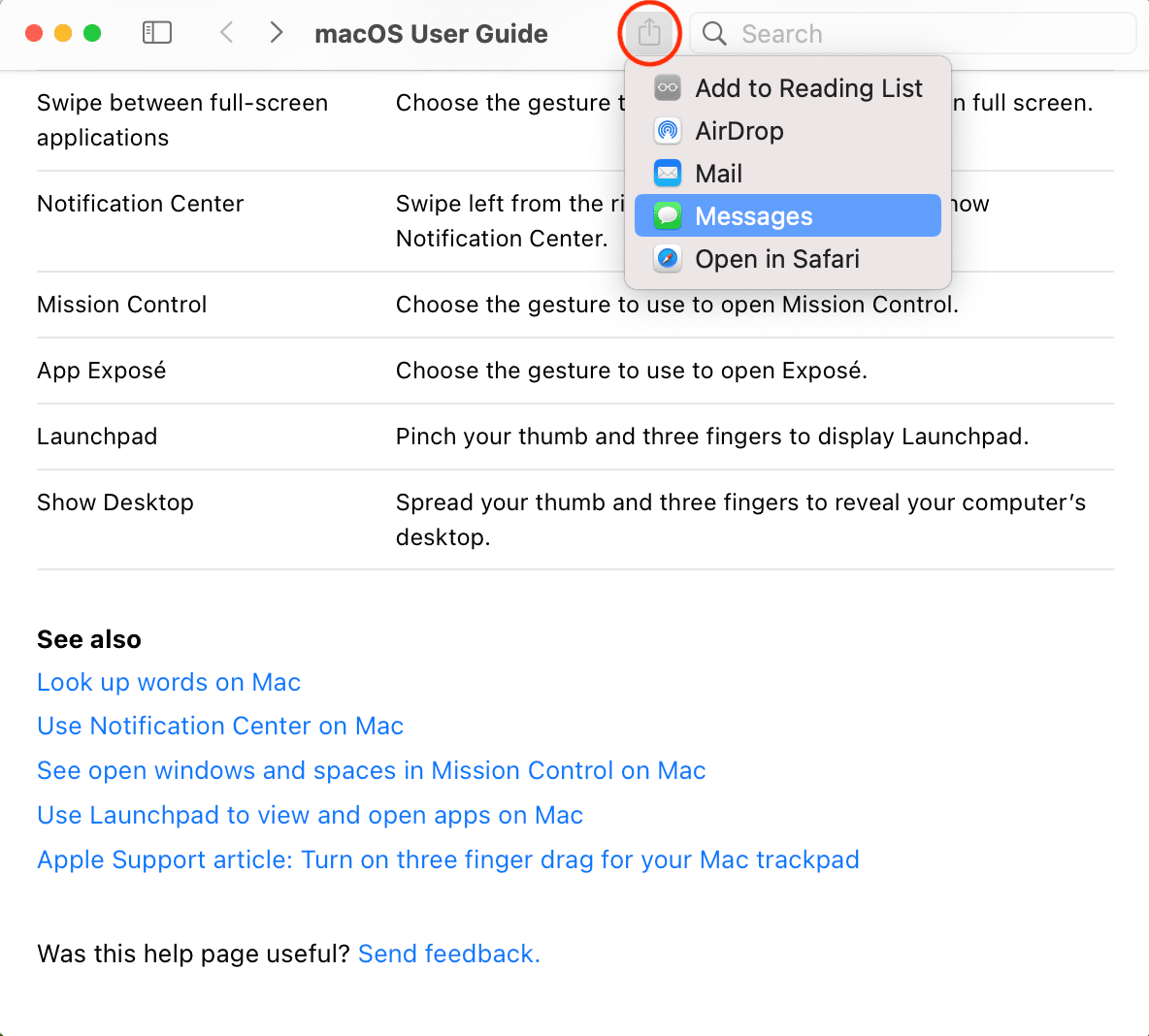 Share button in Mac Help window