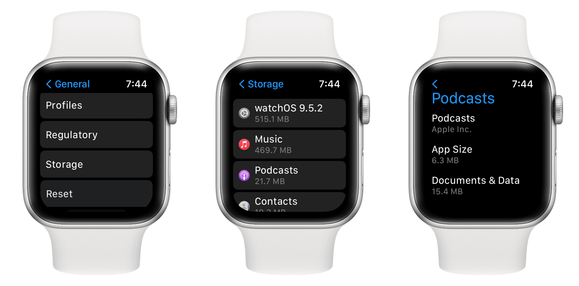 Storage settings on Apple Watch