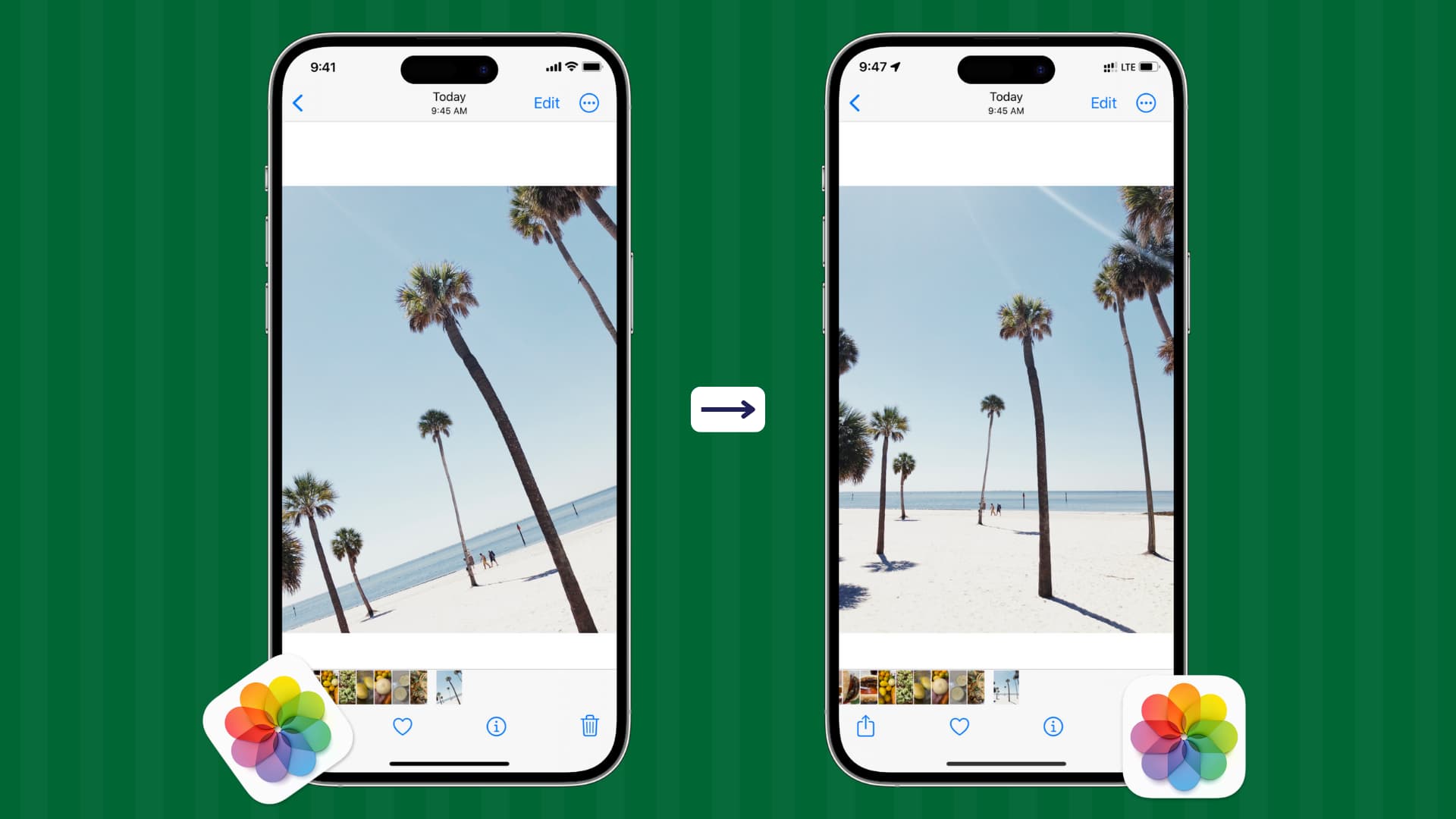 Two iPhone mockups with one showing normal image and the other showing its straightened version