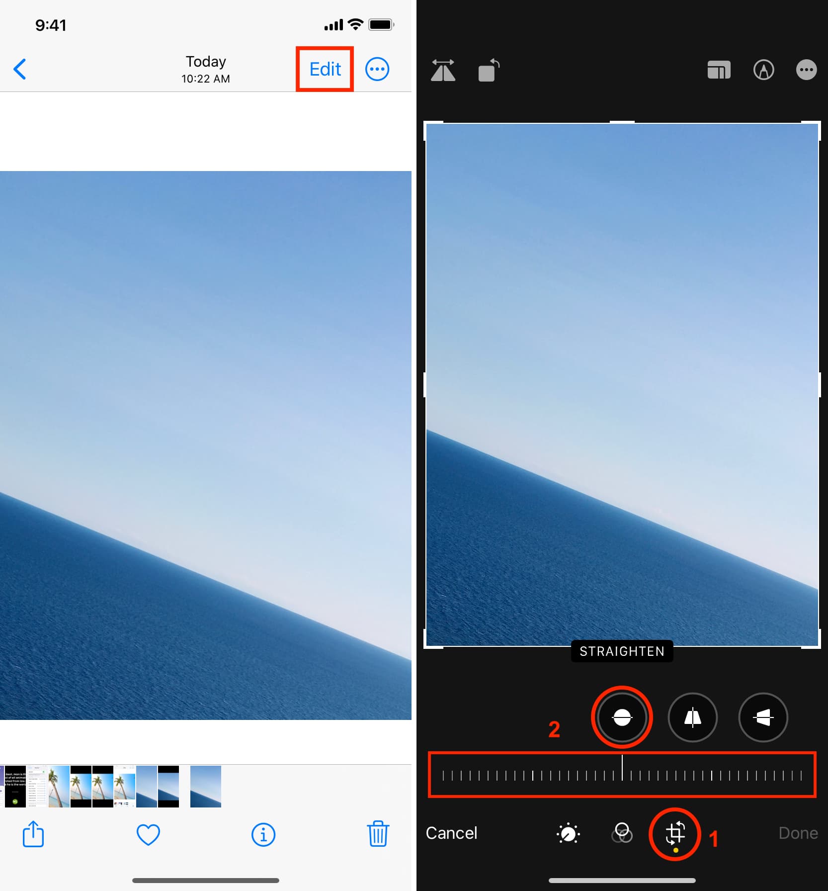 Straighten tool in iPhone Photos app while editing