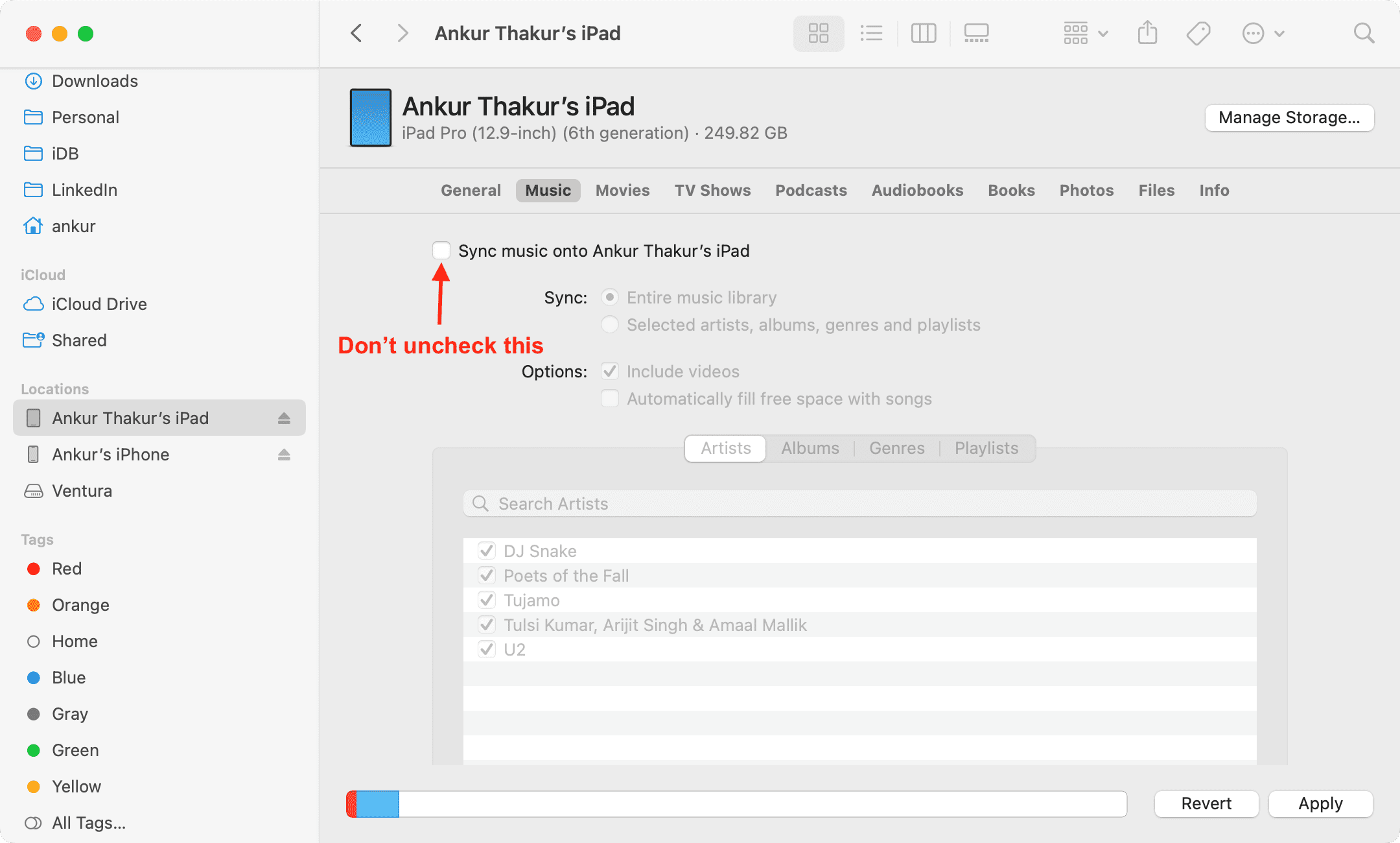 Sync music onto iPad unchecked in Finder on Mac