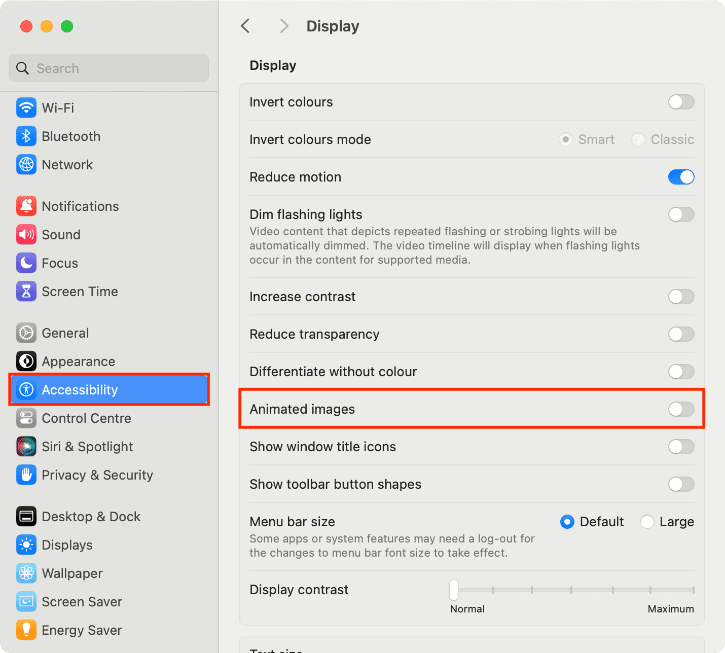 Turn off Animated Images in Mac Accessibility System Settings