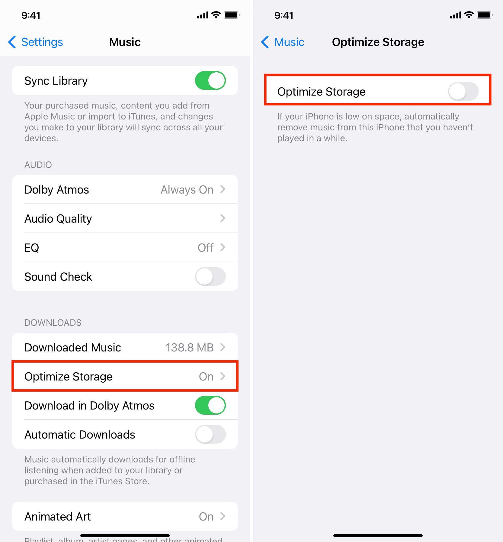 Turn off Optimize Storage in iPhone Music settings