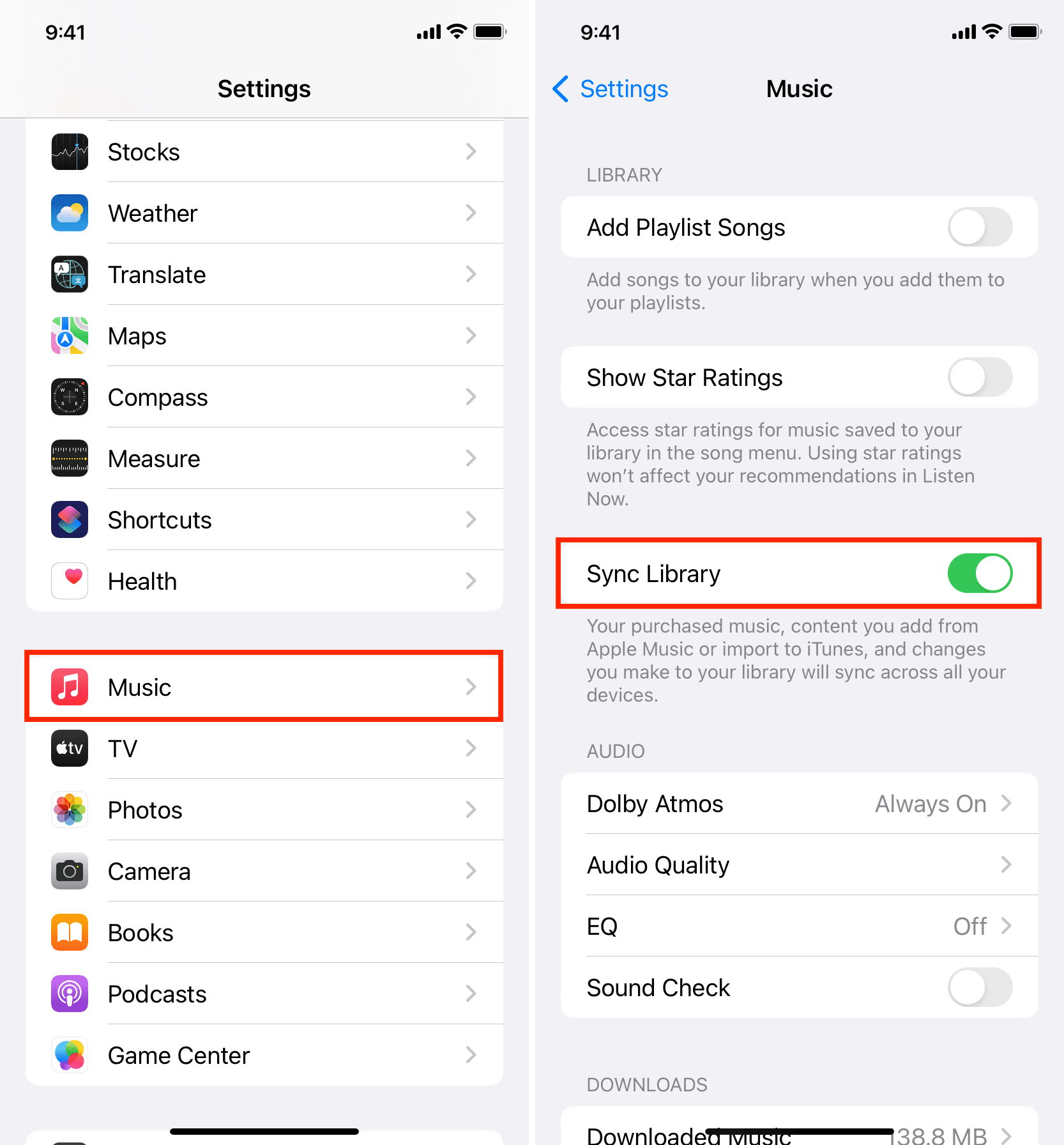 Turn on Sync Library in iPhone Music settings