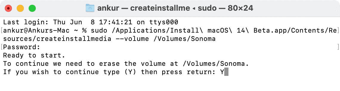 Type Y to confirm macOS Sonoma bootable installer creation
