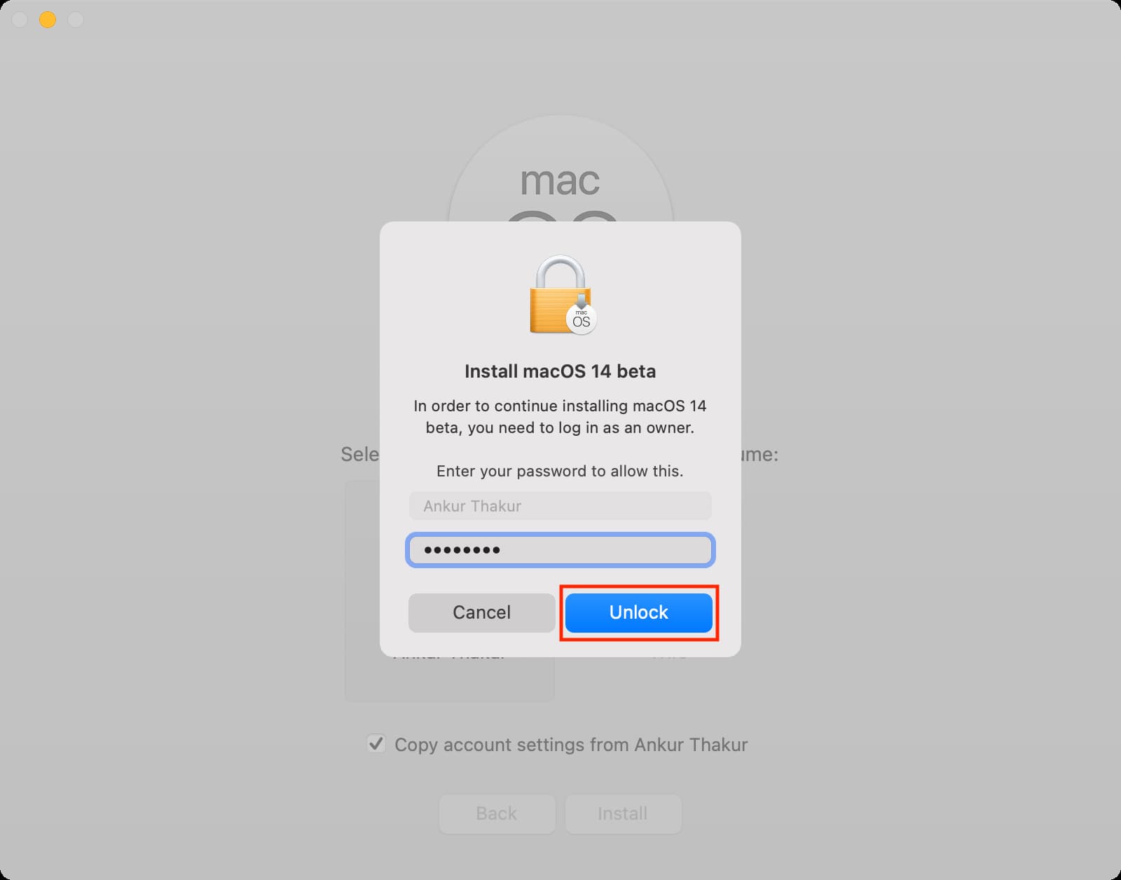 Unlock disk to install macOS Sonoma