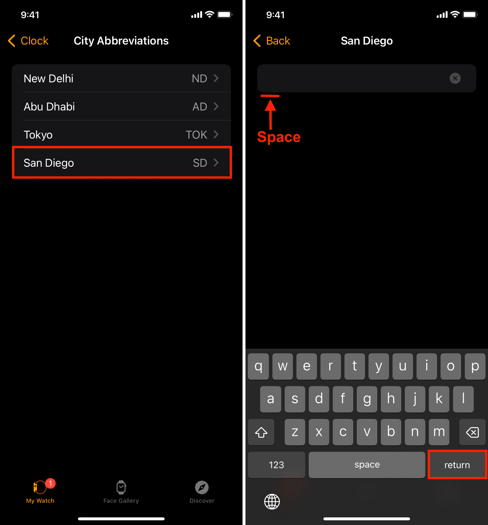 Use space as city name in City Abbreviations settings of Watch app