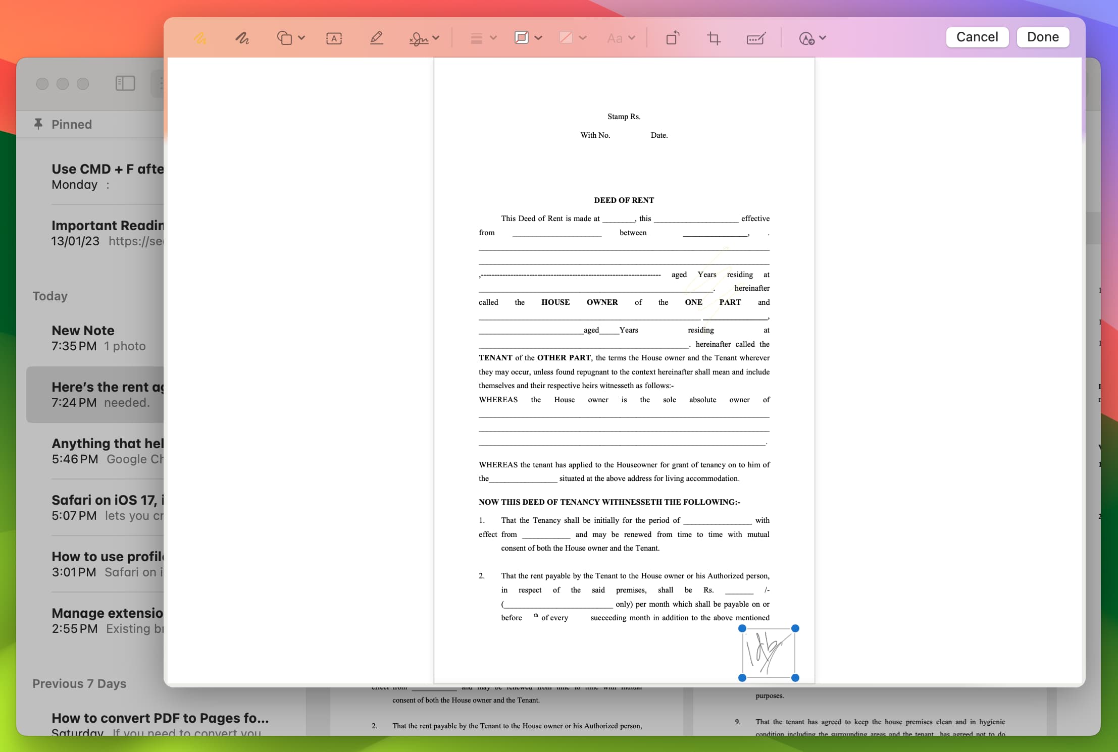 Using Markup tools for a PDF inside Notes app on Mac