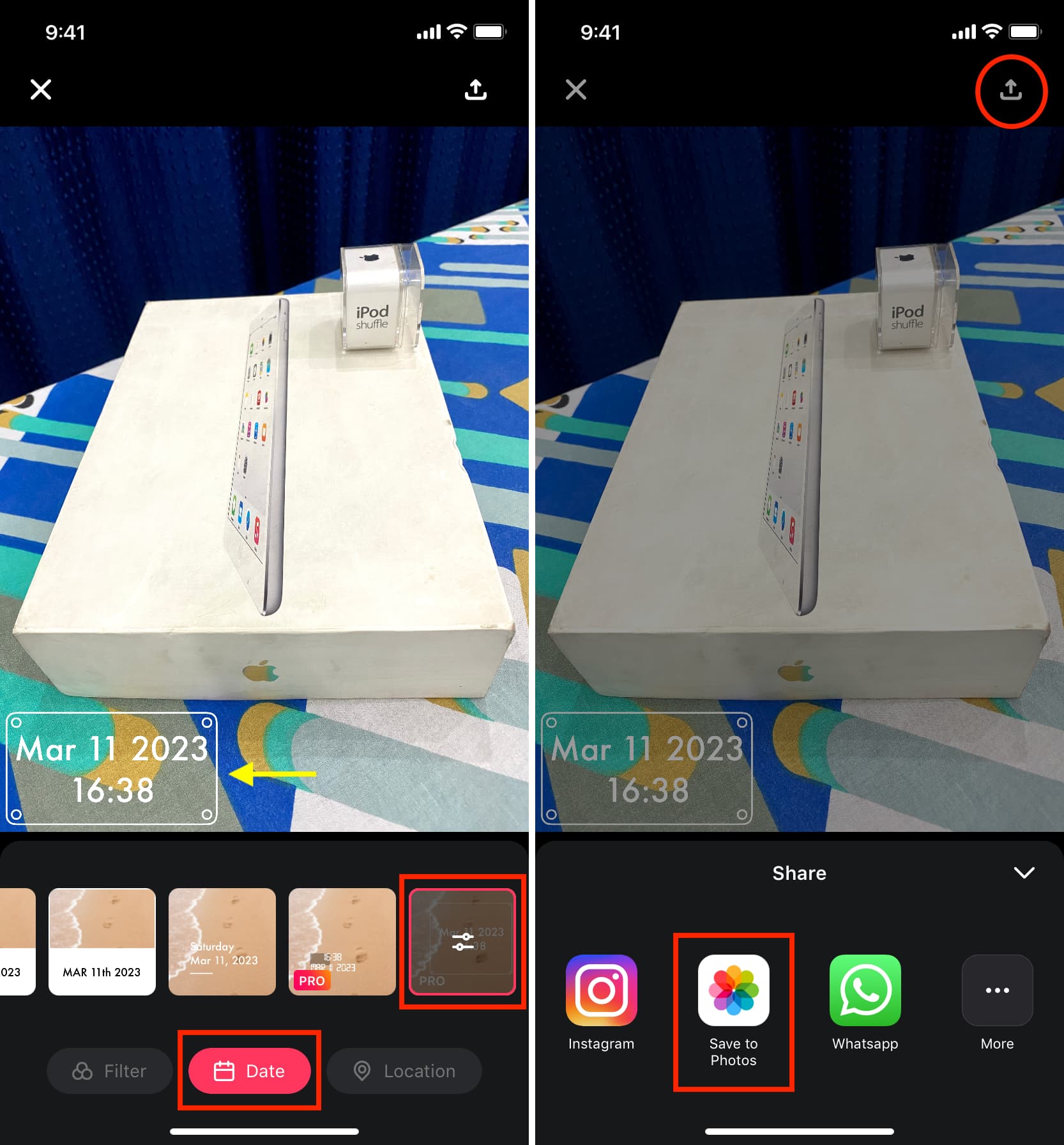 Using Photo Date Stamper app on iPhone to add timestamp over a picture