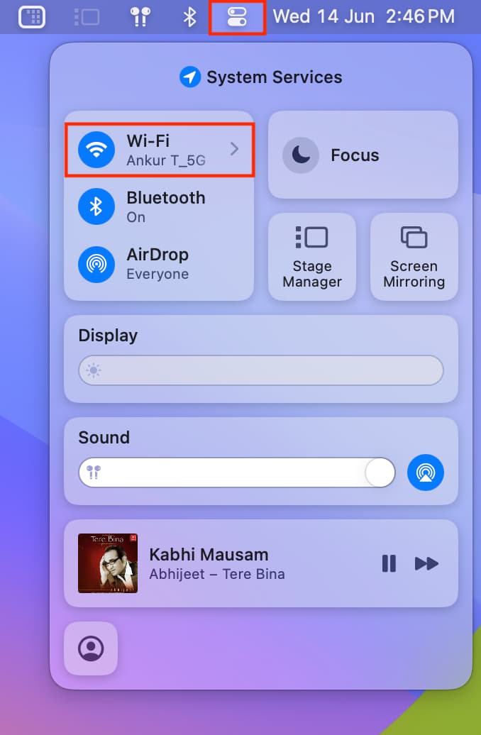 Wi-Fi section in Mac Control Center