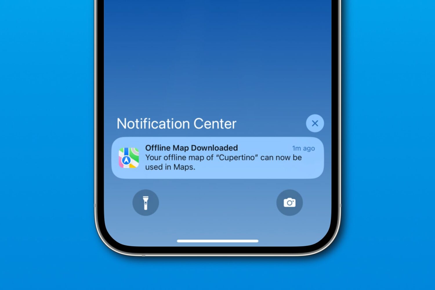 iPhone screenshot showing the notification when a downloaded map is ready for offline use