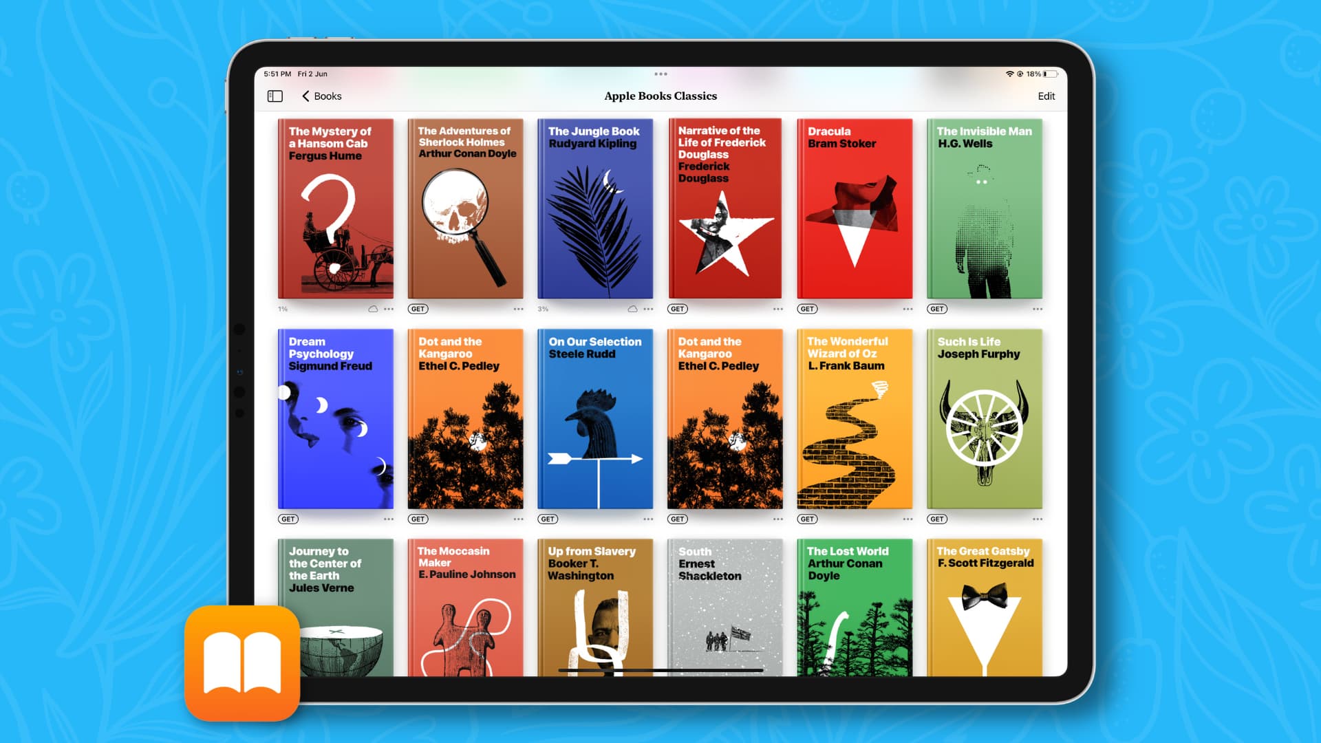 iPad Books app showing eighteen books