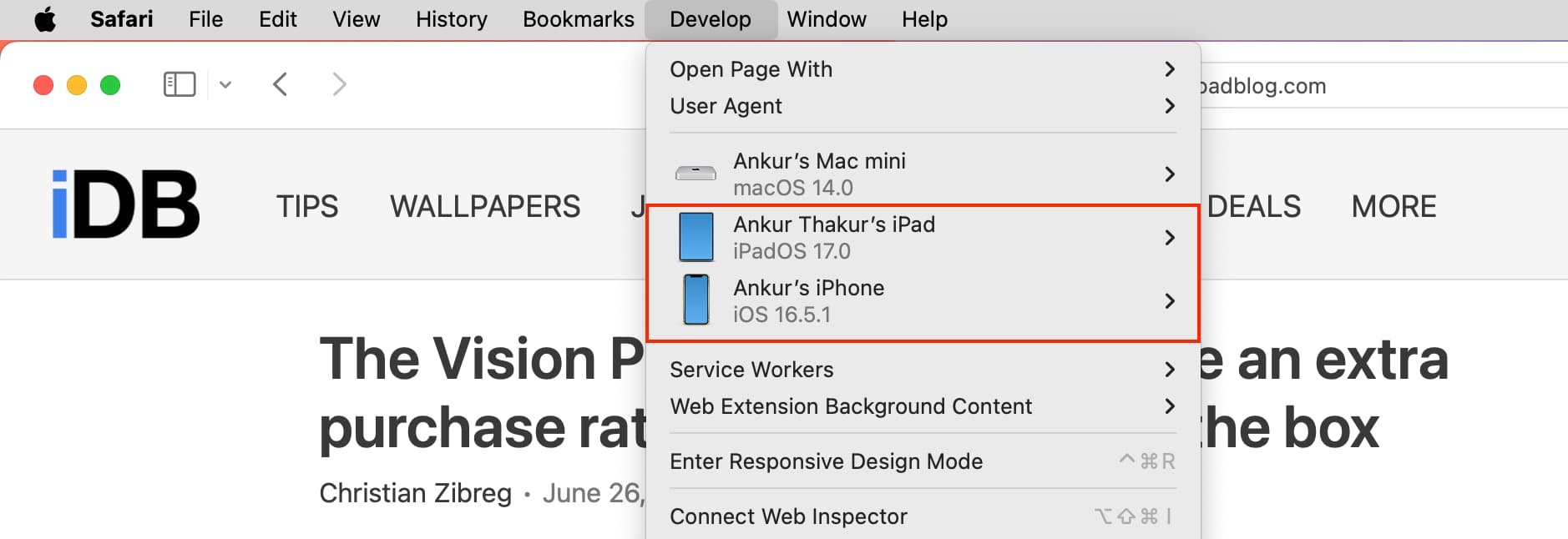 iPhone and iPad appearing in Safari Develop menu on Mac
