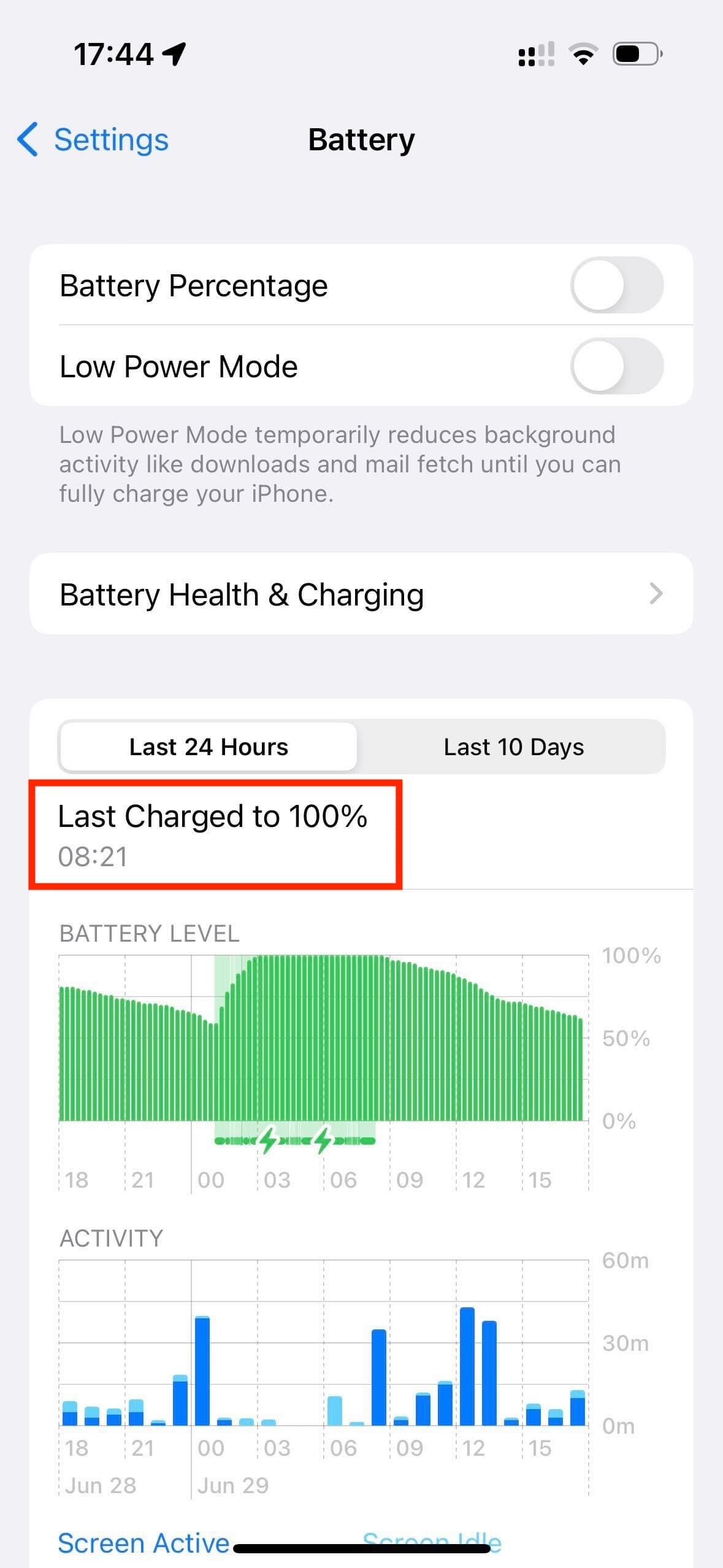 iPhone last charged to details in iOS battery settings