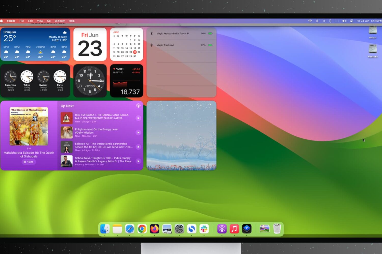 macOS Sonoma desktop showing the desktop widgets and wallpaper as all open apps are hidden from the view