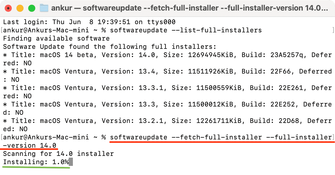 macOS Sonoma developer beta installer downloading via Terminal