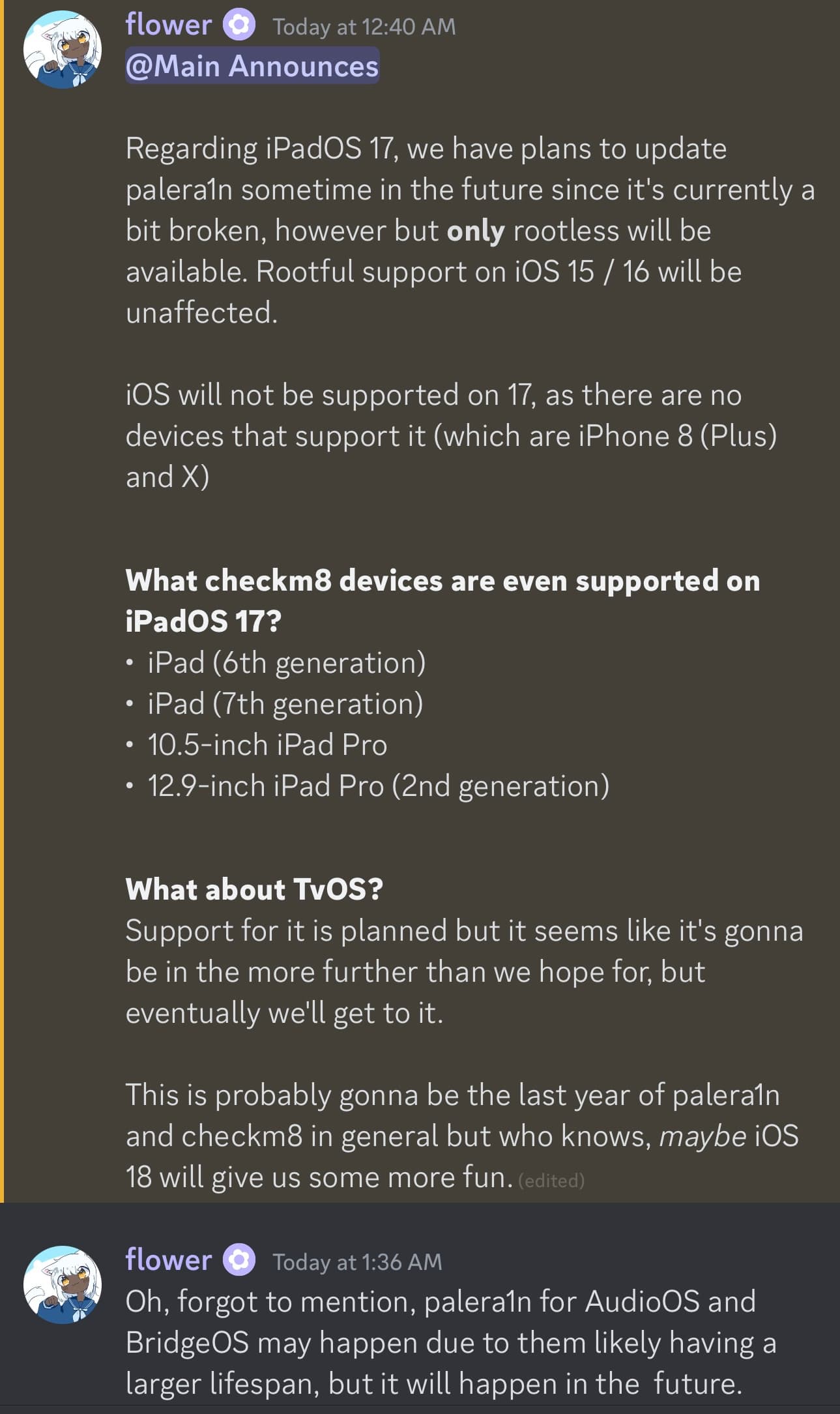palera1n team confirms via Discord its plan to support iPadOS 17 and Apple TVs.