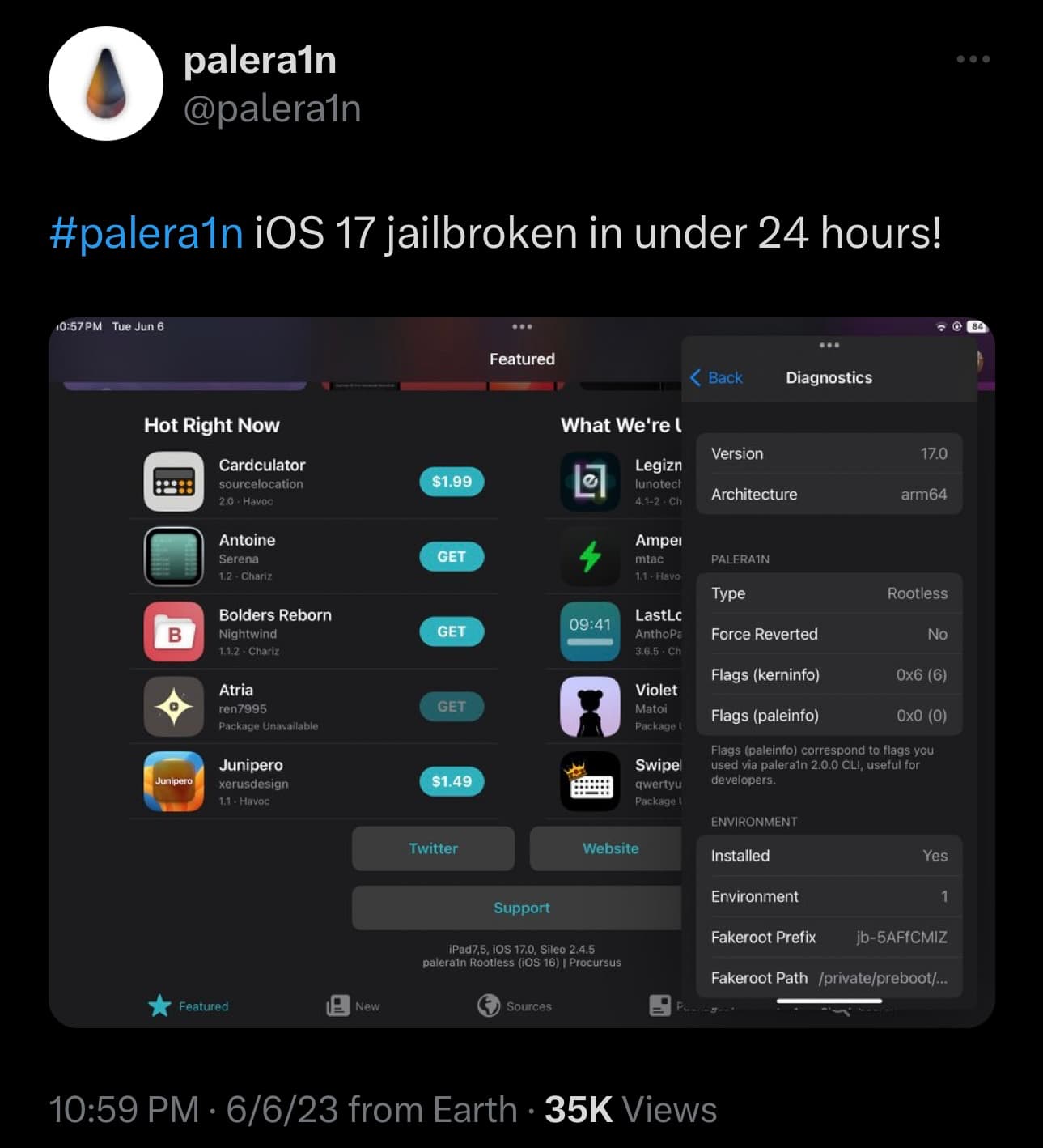 The palera1n team takes to Twitter to tease palera1n running on an iPadOS 17 device.