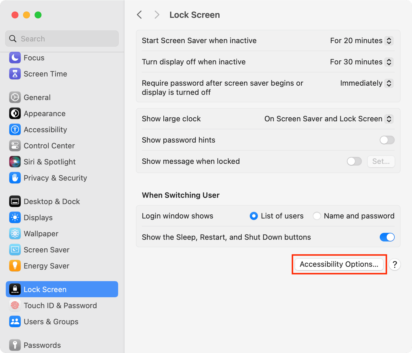 Accessibility Options in Mac Lock Screen settings