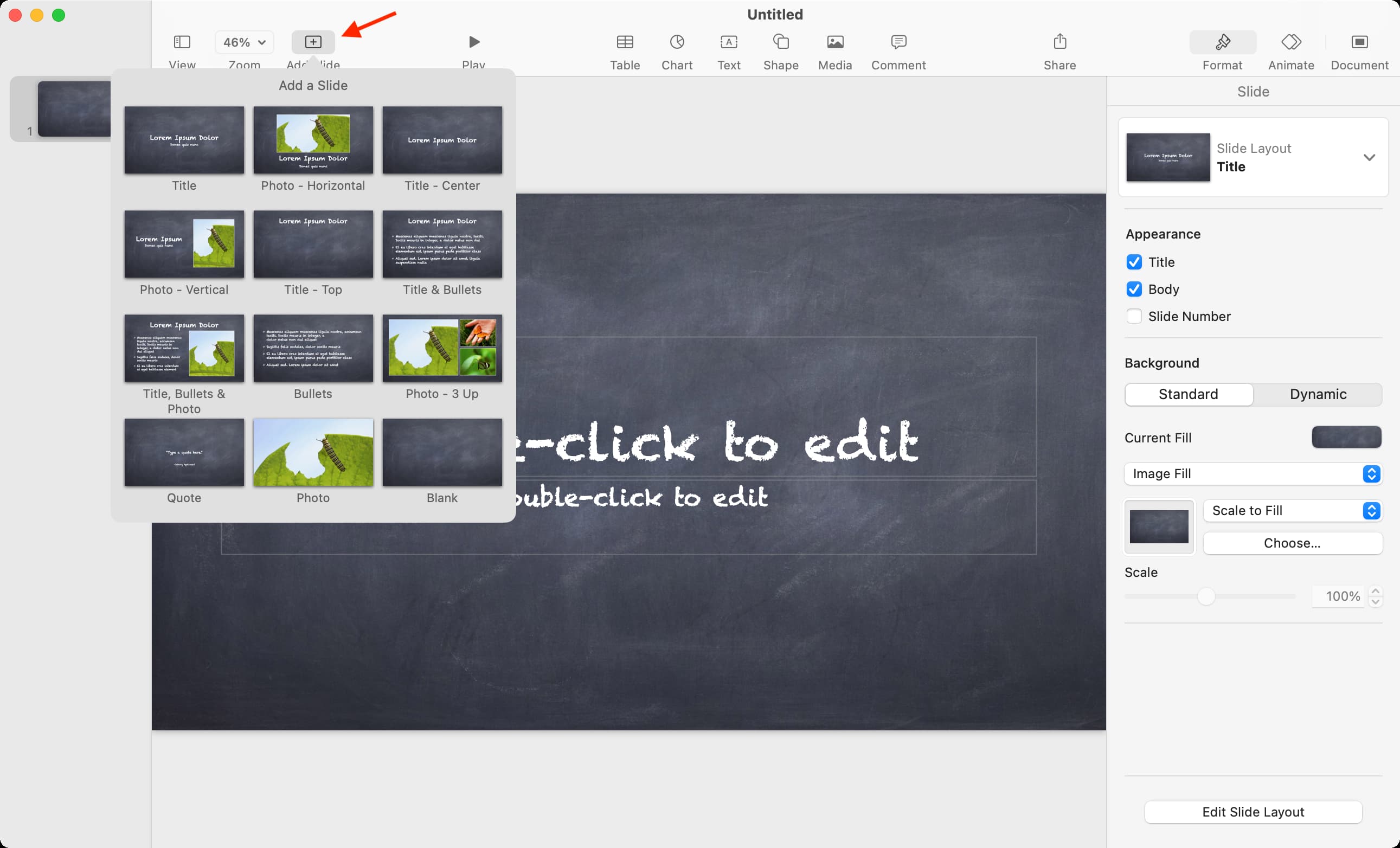 Add slide to Keynote on Mac
