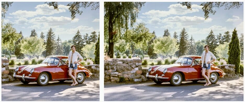 Example of Generative Expand in Photoshop using a retro style photo of a guy leaning on a sports car