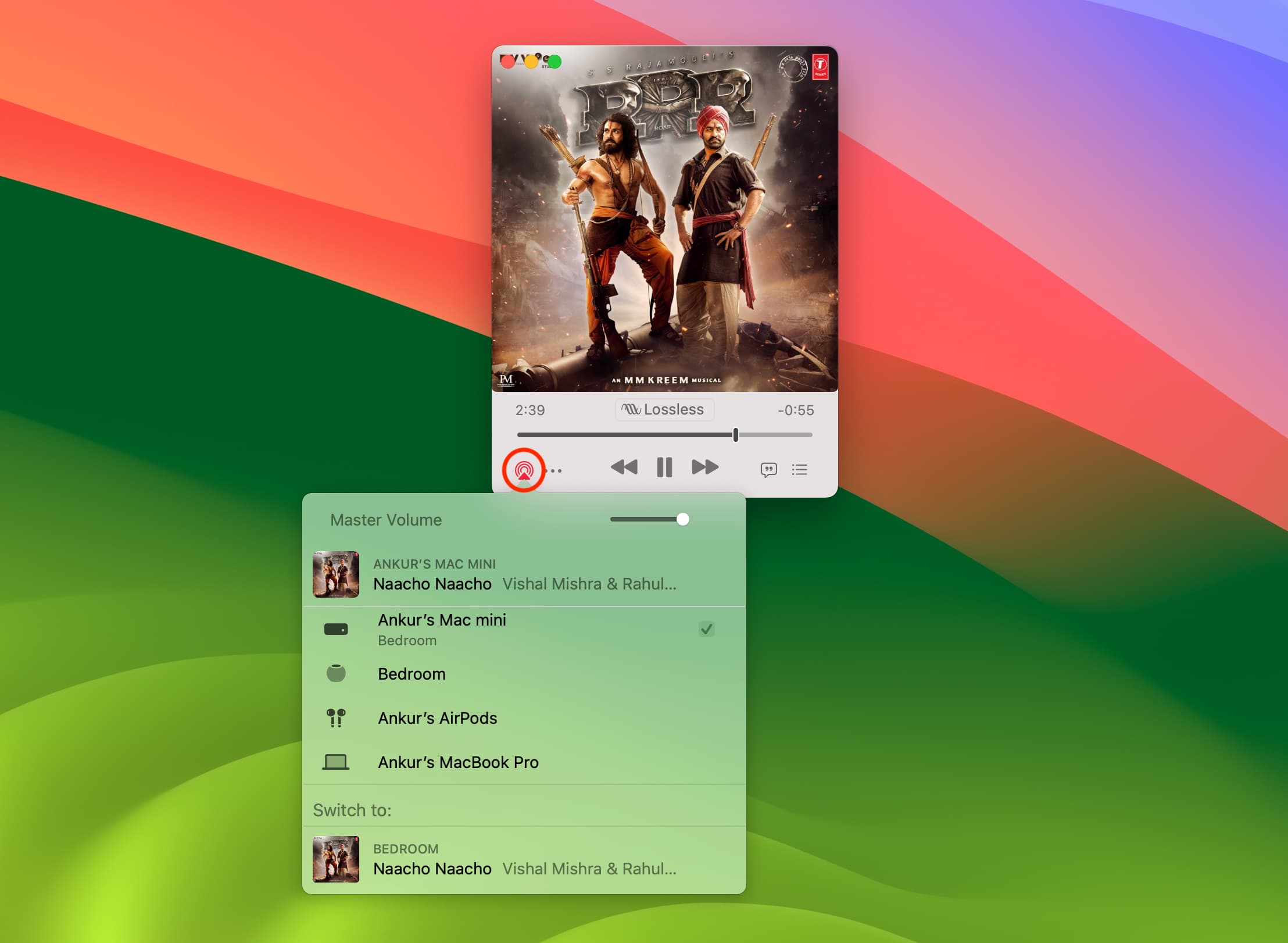AirPlay or volume button on Music app Mini Player