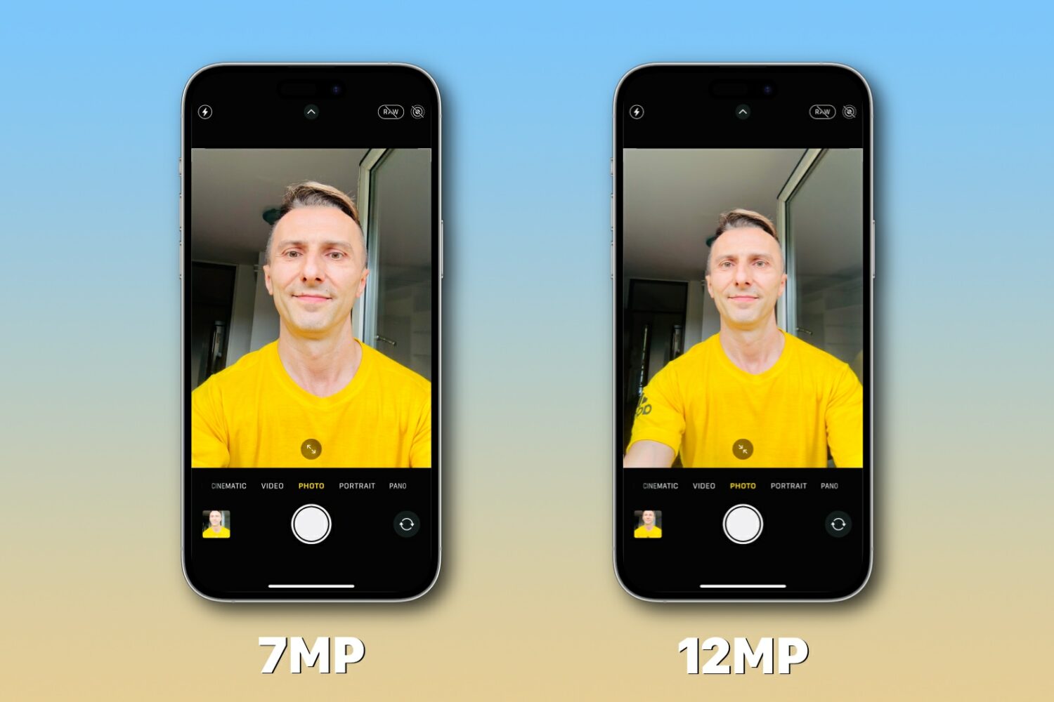 Side-by-side comparison between a 7MP iPhone selfie and a 12MP one