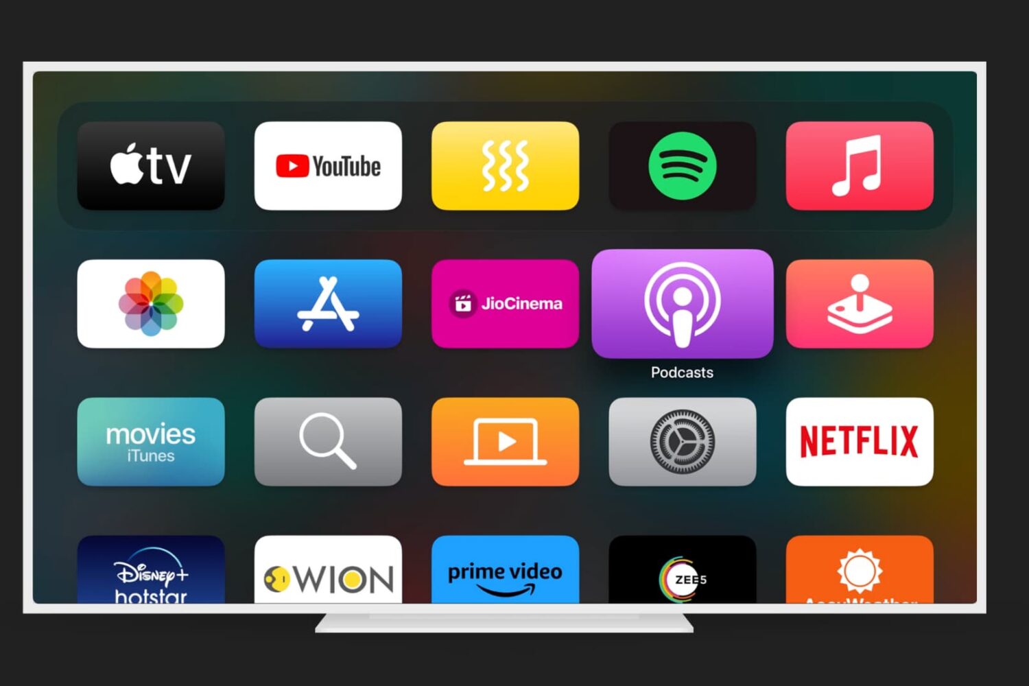 Apple TV Home Screen with Podcasts app highlighted