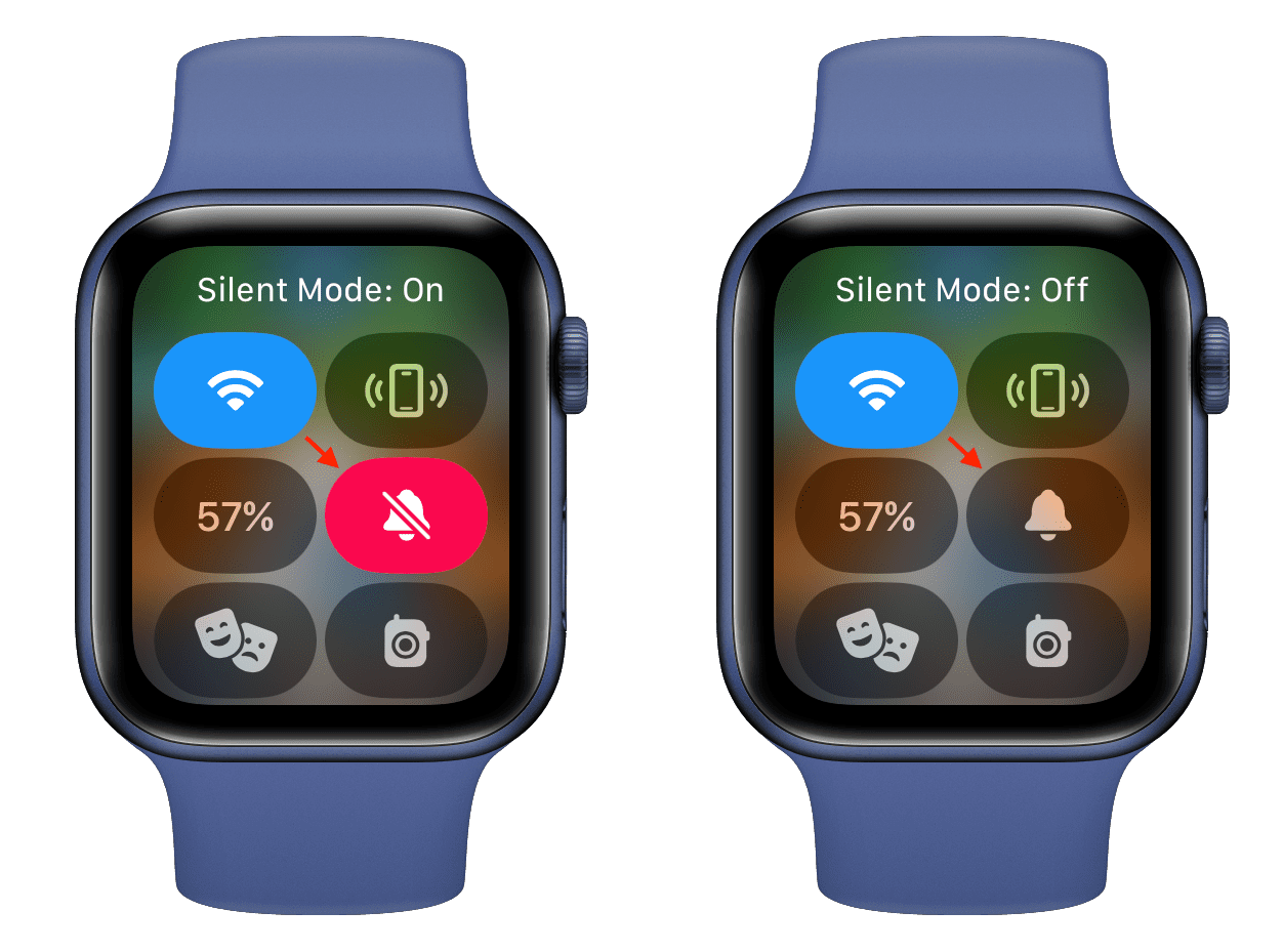Apple Watch Control Center with Silent Mode ON and OFF