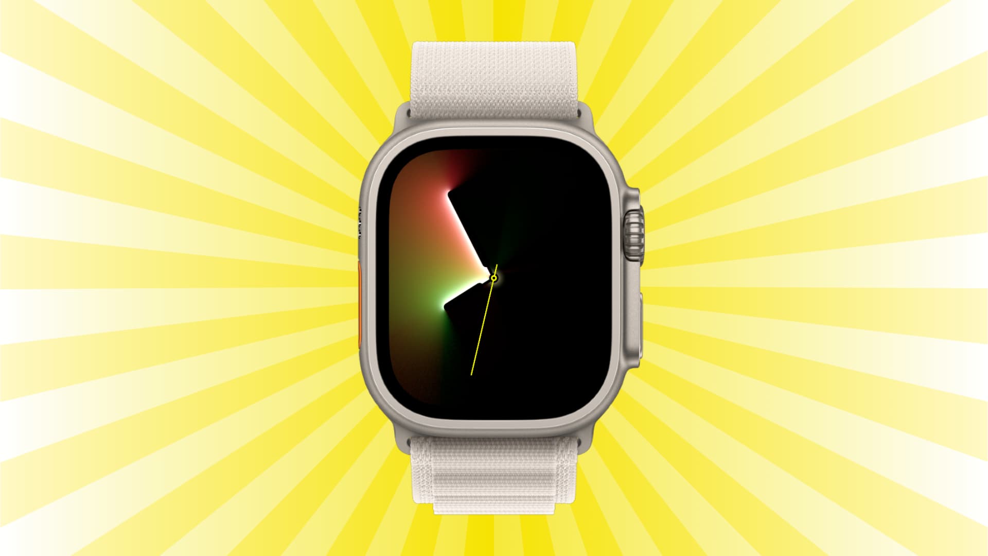 Apple Watch Ultra on a yellow background that illustrates light rays coming out of it