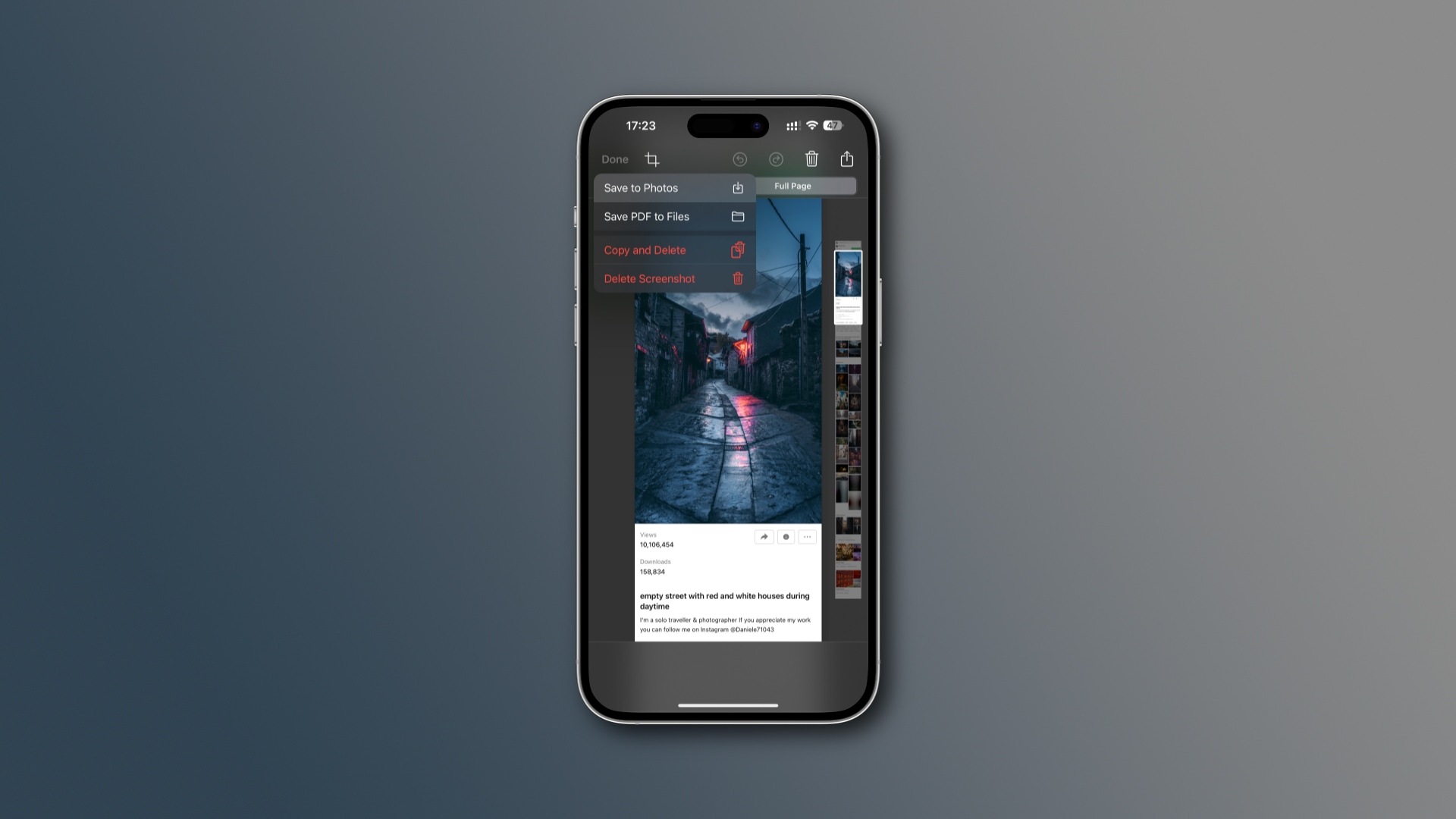 برنامه Screenshot در iOS 17 گزینه ذخیره اسکرین شات اسکرول در Photos را نشان می دهد