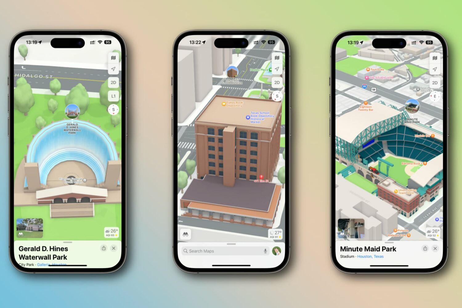 Examples of Apple Maps 3D landmarks for the Dallas and Houston areas