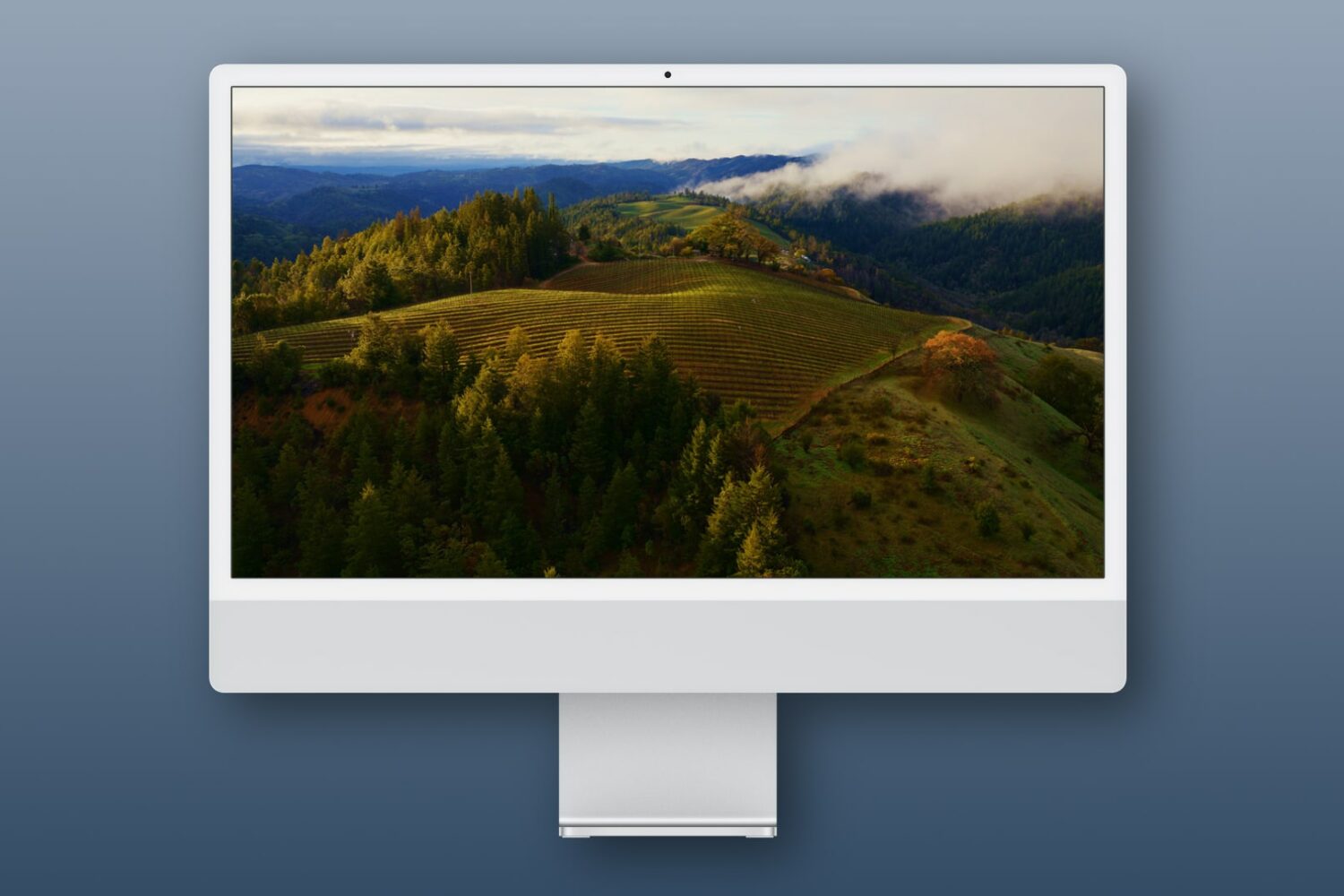 iMac playing an aerial screen saver from macOS Sonoma