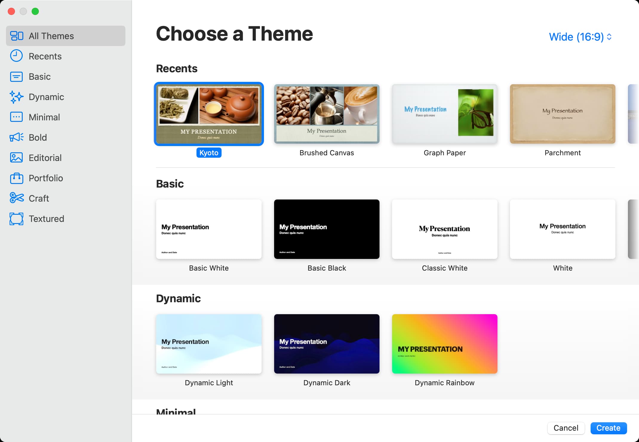 Choose a Theme screen in Keynote on Mac