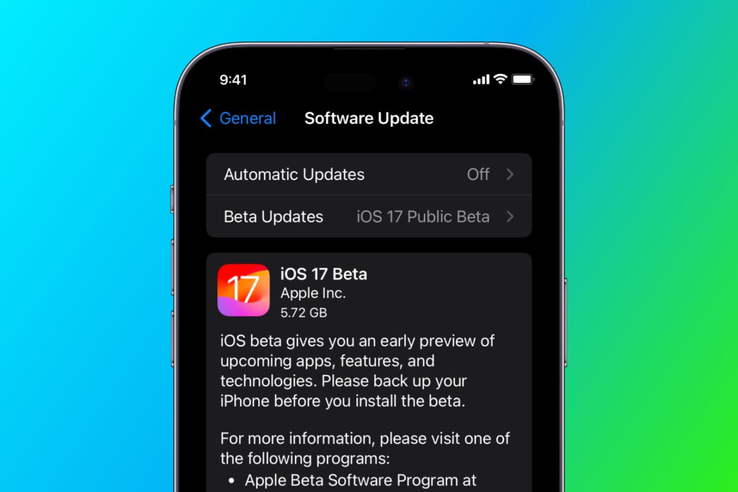 Software Update screen on iPhone showing iOS 17 public beta