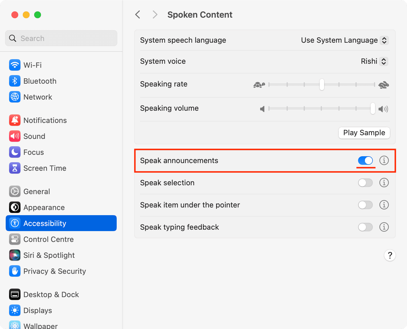 Turn on Speak announcements in Mac accessibility settings